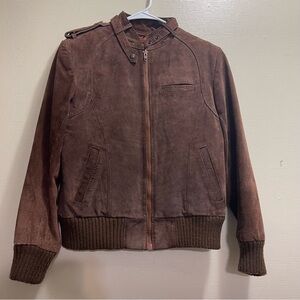 Vtg Y2K CIA Genuine Leather Suede Bomber Jacket Sherpa Lined Medium Moto Zip